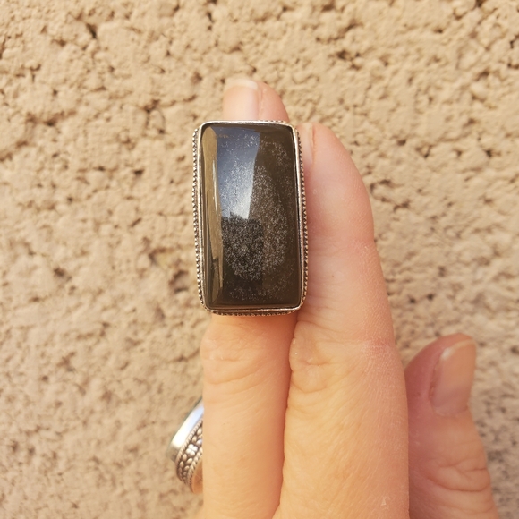 New Silver Sheen Obsidian 925 Silver Statement Ring. - Picture 4 of 15